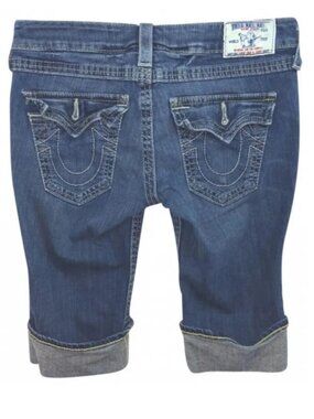TRUE RELIGION CUFFED STRETCHY COTTON BLEND BLUE DENIM SHORT PANTS 27